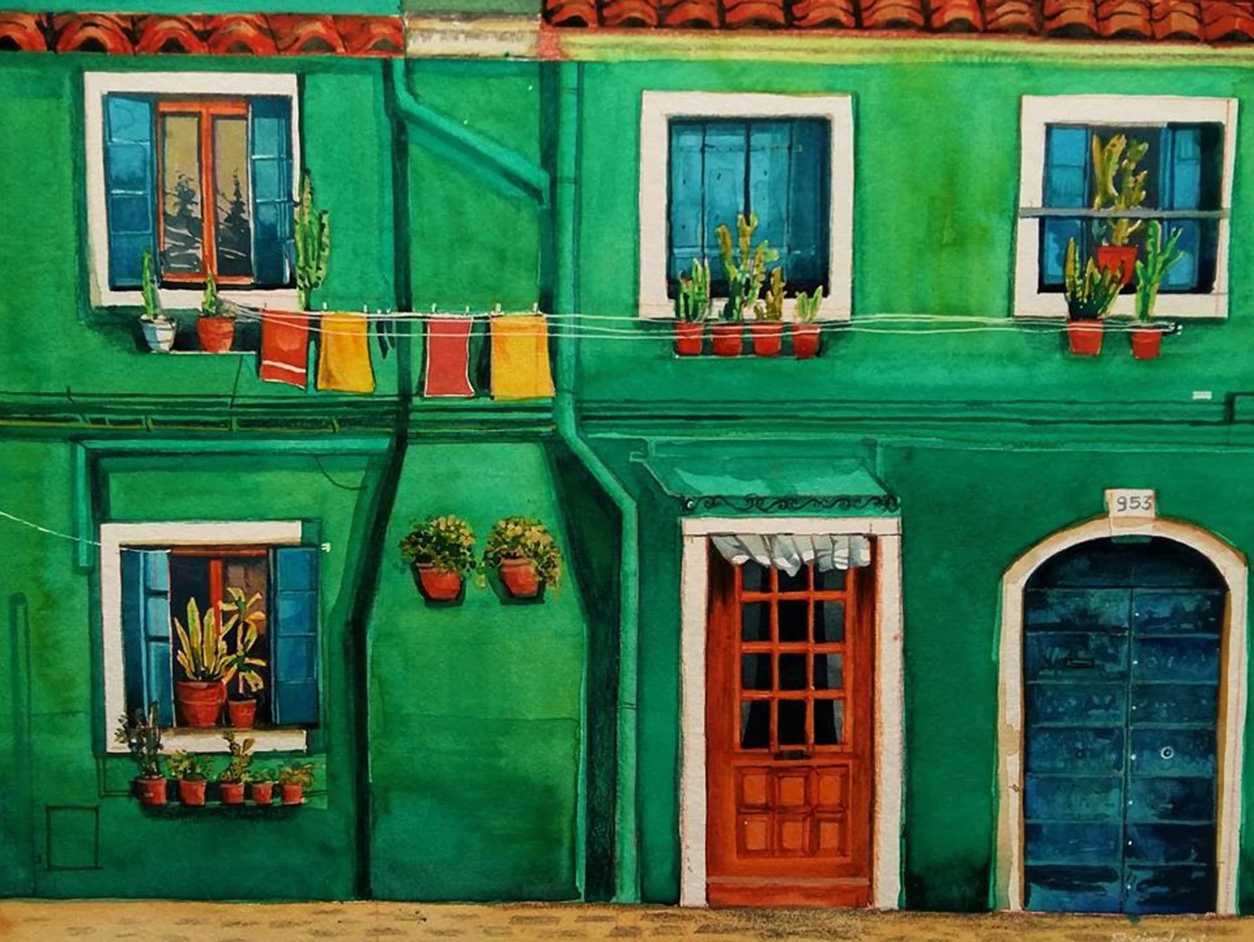 Burano Green House Watercolour by Brindarica Bose