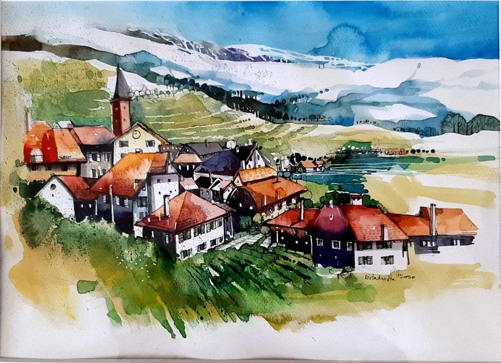 Hillside Village Watercolour by Brindarica Bose
